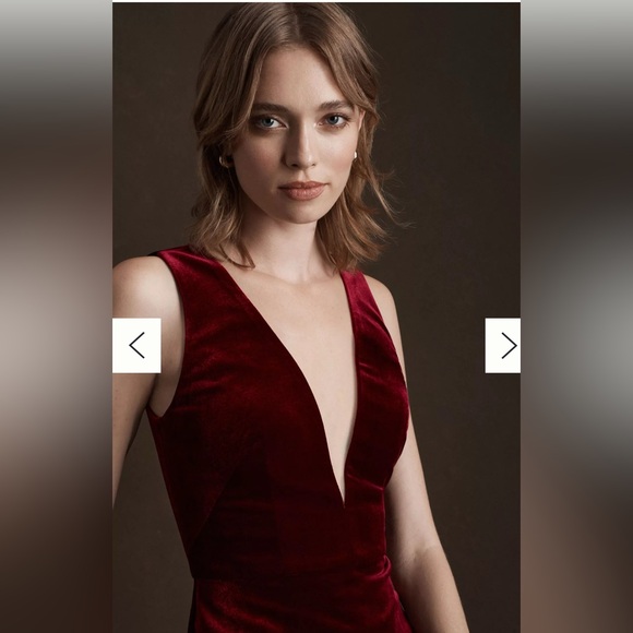 Jenny Yoo Deep Red Velvet Plunge Neck Sleeveless Gown - Picture 7 of 7